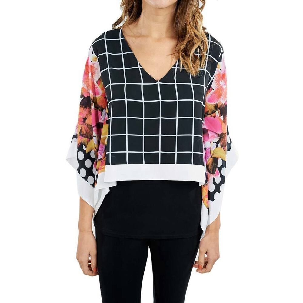 Joseph Ribkoff Sz 8 Tunic Top Checker Floral & Stripe Cold Shoulder Style 171671
